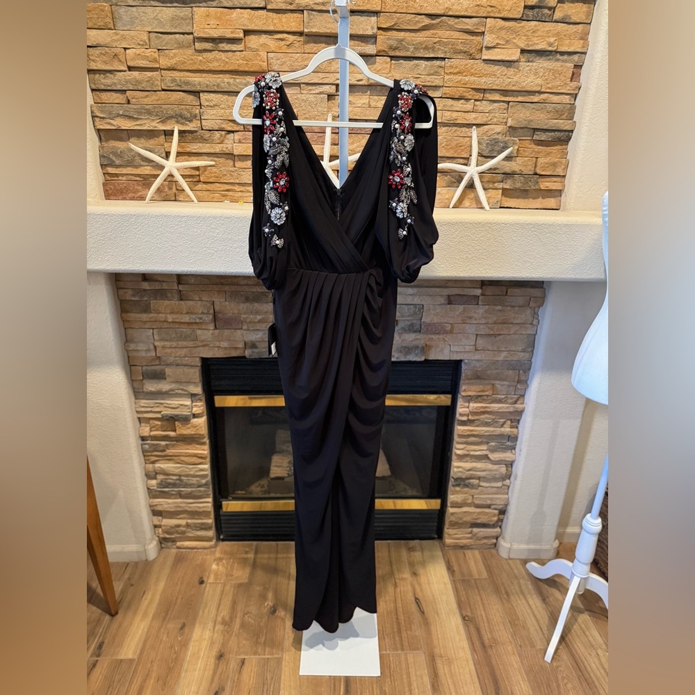 Mac Duggal Black Gown with Red and Silver Floral Accents